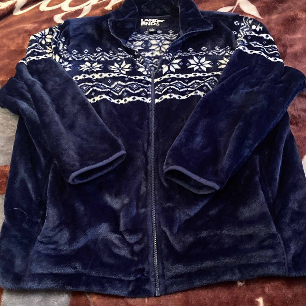 Lands' End Women's fleece any weather jacket. Navy with snowflake Design
